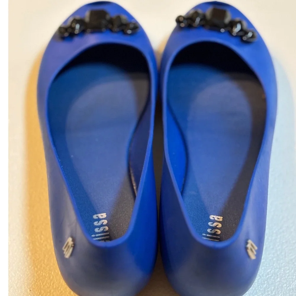 Mini Melissa Girls Blue Jelly Flats w/ Black Gem Accents - US Size 2‎ EUC